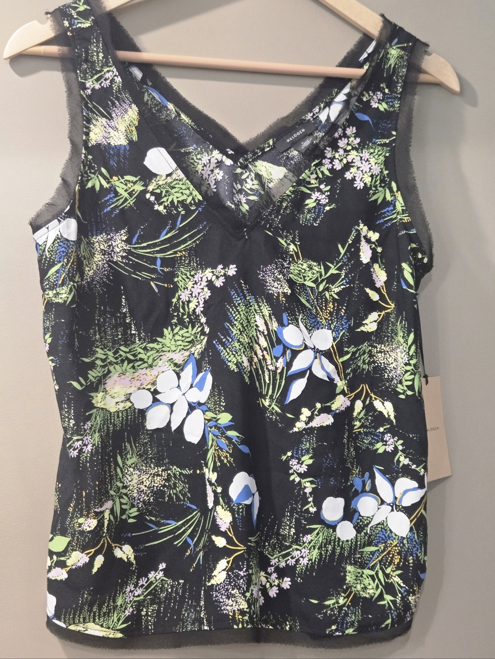 Halogen Black Floral V-Neck Tank with Blue, Green & White Accents